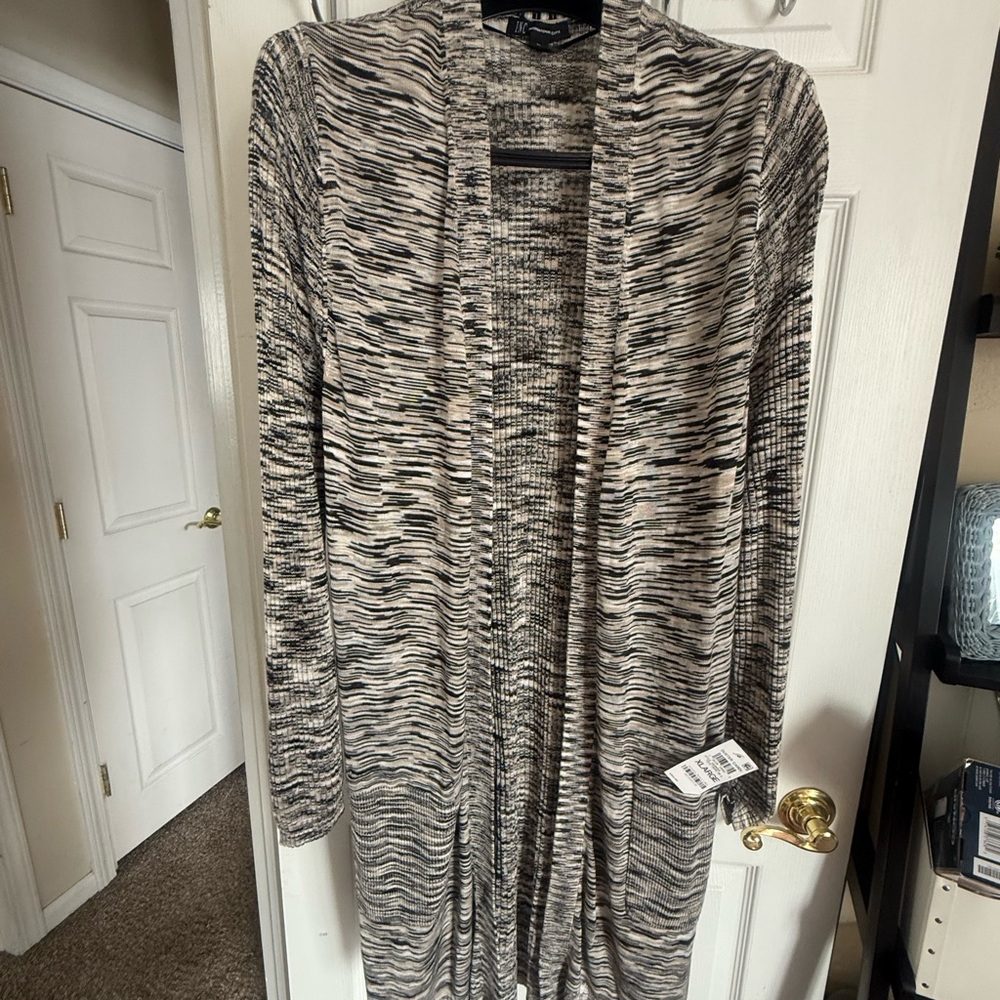 INC Black and White Open Front Cardigan Duster